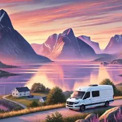 Un van blanc roule sur une route côtière menant au lac de la Cadie, entouré de montagnes majestueuses sous un ciel rose et orangé.