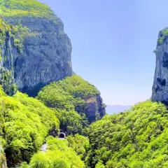 Un chemin serpente à travers les Gorges du Loup, menant à un tunnel creusé dans la roche, entouré d'une végétation luxuriante. L'itinéraire des Gorges du Loup offre un paysage spectaculaire.