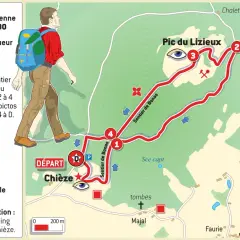 Carte d'une randonnée de 3,5 km vers le Pic du Lizieux, départ de Chièze. Durée moyenne 1h. Balisage sentier de Bonas et bleu.