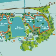 Carte du lac de Viry-Châtillon, montrant les étangs, les pistes cyclables, les aires de jeux et les installations sportives.