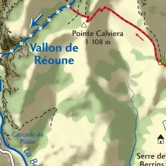Carte de randonnée indiquant les Gorges du Piaon, le Vallon de Réoune et la cascade du Piaon. Un sentier rouge serpente vers la Pointe Calviera.