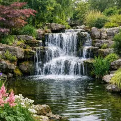 Cascade d'eau dans un parc floral à Bordeaux, entourée de rochers, de fleurs roses et violettes, et d'une végétation luxuriante.