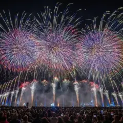 Spectacle de feu d'artifice sur le lac d'Annecy, illuminant le ciel nocturne de gerbes colorées au-dessus d'une foule admirative.