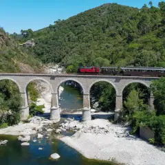 Le petit train des Cévennes traverse un viaduc de pierre au-dessus d'une rivière. La durée du trajet est une invitation à la découverte de ce paysage verdoyant.