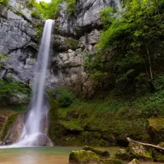 La cascade de la quinquenouille dévale une falaise rocheuse, entourée d'une végétation luxuriante et verdoyante. L'eau forme un bassin clair au pied de la chute.