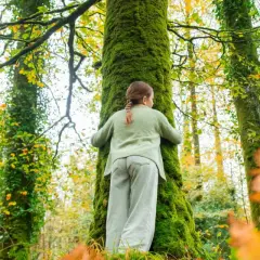 Une jeune fille enlace un arbre couvert de mousse dans une forêt aux couleurs d'automne. La **forêt de rennes** est un lieu magique.