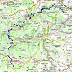Carte de la vallée du Célé, montrant les routes, villages et sites touristiques comme le Gouffre de Padirac.