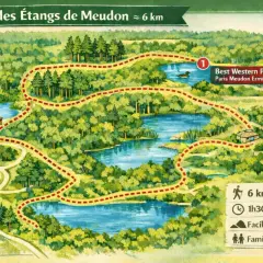 Carte de la boucle des étangs de Meudon, un sentier de 6 km à travers la forêt, avec des lacs, des chemins et des indications de durée et difficulté.