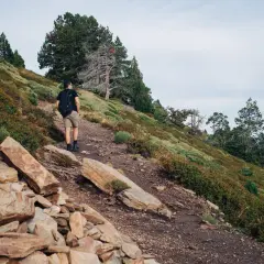 Randonneur sur un sentier rocailleux, en direction du pic du Canigou. Végétation de montagne et ciel couvert.