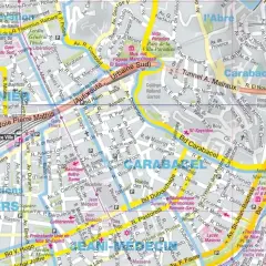 Plan détaillé de Nice et ses environs, montrant les rues, les monuments et les transports. La carte met en évidence la gare de Nice Ville et le quartier du Carabacel.