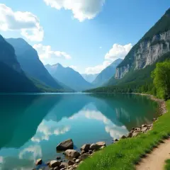 Le lac du Broc, paisible et turquoise, reflète les montagnes majestueuses et le ciel bleu. Un sentier serpente sur la rive verdoyante.