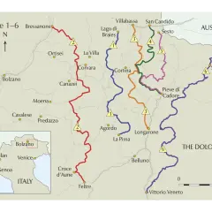 Carte des Alte Vie 1-6 dans les Dolomites, incluant l'Alta Via 2.