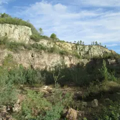 Falaises rocheuses verdoyantes sous un ciel bleu, évoquant le **Puy de Naouri**. Végétation dense au premier plan.