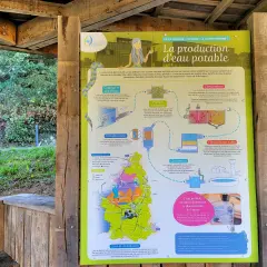 Panneau explicatif sur la production d'eau potable à partir de la rivière Vendée, détaillant le parcours de l'eau, l'itinéraire de la forêt de Mervent.
