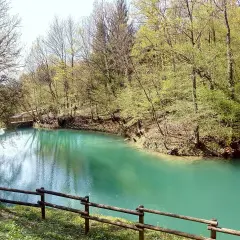 Le lac bleu d'Amberieu, une eau turquoise limpide bordée d'arbres verdoyants et d'un pont en bois.
