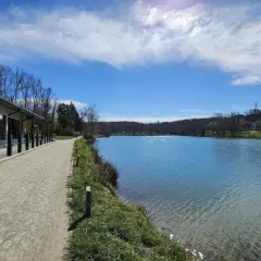 Promenade paisible au bord du lac de Flourens, avec un bâtiment moderne et un ciel bleu éclatant.