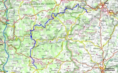 Carte de la vallée du Célé, montrant les routes, villages et sites touristiques comme le Gouffre de Padirac.