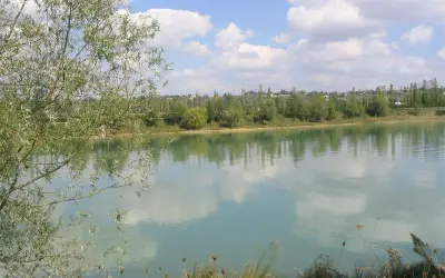 Le lac de Beaupuy, paisible sous un ciel bleu parsemé de nuages blancs, reflète la végétation luxuriante de ses rives.