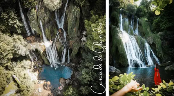 La cascade de Glandieu, un spectacle naturel impressionnant, se déploie en multiples bras d'eau sur une falaise verdoyante.