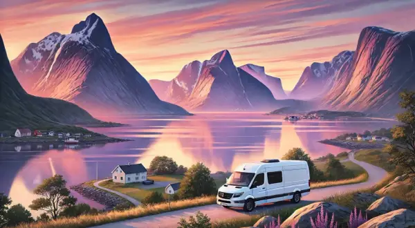 Un van blanc roule sur une route côtière menant au lac de la Cadie, entouré de montagnes majestueuses sous un ciel rose et orangé.