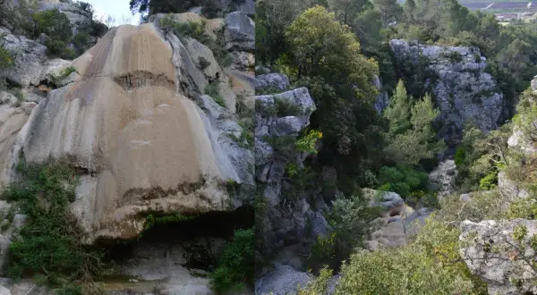 Cascade du Latay : formation rocheuse ocre et végétation luxuriante dans un paysage de garrigue.