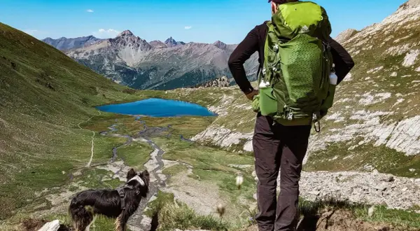 Un randonneur et son chien contemplent un lac bleu et des montagnes majestueuses. Une belle randonnée avec chien.