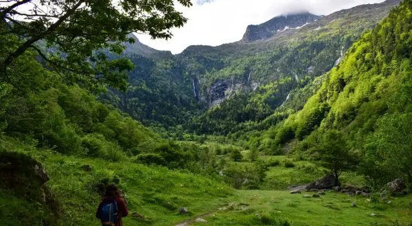 Une randonneuse explore le cirque de Cagateille, un paysage verdoyant de montagnes, de forêts et de cascades.