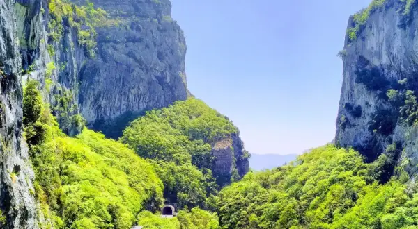 Un chemin serpente à travers les Gorges du Loup, menant à un tunnel creusé dans la roche, entouré d'une végétation luxuriante. L'itinéraire des Gorges du Loup offre un paysage spectaculaire.