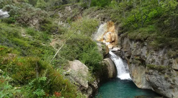La cascade de l'Artigue dévale dans un bassin d'eau turquoise, entourée de roches et d'une végétation luxuriante.