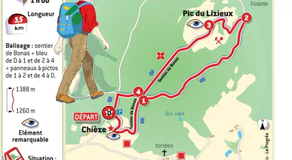 Carte d'une randonnée de 3,5 km vers le Pic du Lizieux, départ de Chièze. Durée moyenne 1h. Balisage sentier de Bonas et bleu.
