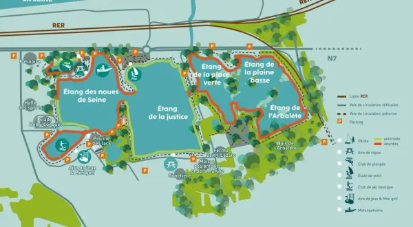 Carte du lac de Viry-Châtillon, montrant les étangs, les pistes cyclables, les aires de jeux et les installations sportives.