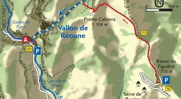 Carte de randonnée indiquant les Gorges du Piaon, le Vallon de Réoune et la cascade du Piaon. Un sentier rouge serpente vers la Pointe Calviera.