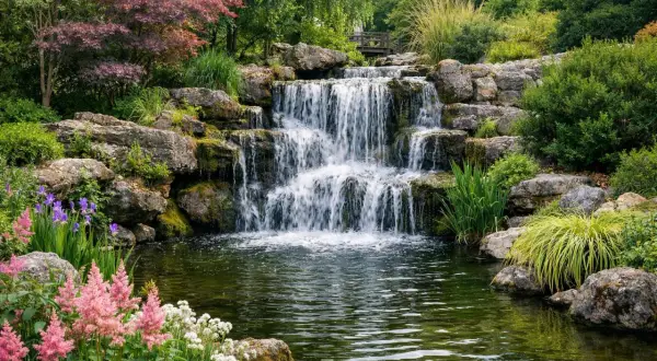 Cascade d'eau dans un parc floral à Bordeaux, entourée de rochers, de fleurs roses et violettes, et d'une végétation luxuriante.