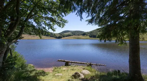 Calme et serein, le lac des Pises reflète le ciel bleu. Des arbres ombragent ses rives verdoyantes.