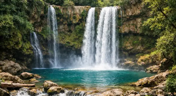 Magnifique cascade saut de la virole, ses eaux turquoise tombent sur des rochers moussus, entourée d'une végétation luxuriante.