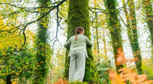 Une jeune fille enlace un arbre couvert de mousse dans une forêt aux couleurs d'automne. La **forêt de rennes** est un lieu magique.