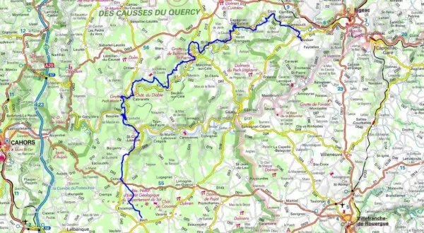 Carte de la vallée du Célé, montrant les routes, villages et sites touristiques comme le Gouffre de Padirac.