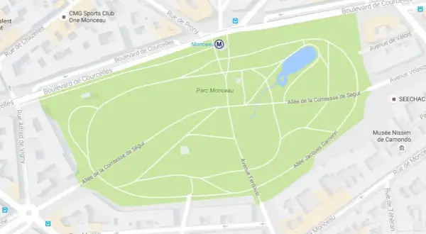 Plan du Parc Monceau à Paris, avec ses allées, son étang et la station de métro Monceau.