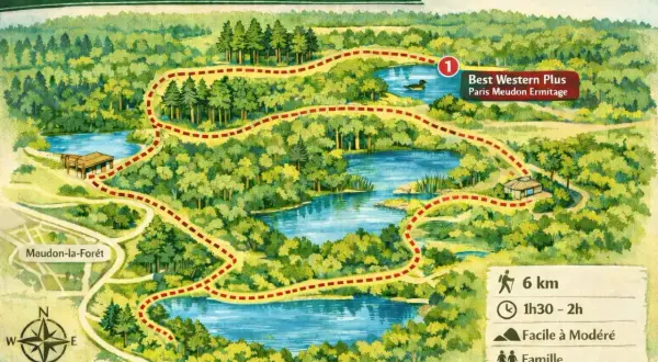 Carte de la boucle des étangs de Meudon, un sentier de 6 km à travers la forêt, avec des lacs, des chemins et des indications de durée et difficulté.
