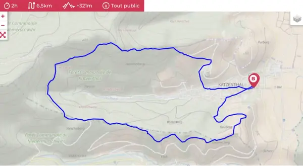 Carte topographique montrant un itinéraire de randonnée de 6,5 km autour de Katzenthal. L'option pour ouvrir fichier gpx est visible.
