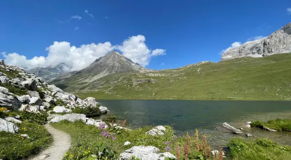 Sentier rocailleux bordant le lac de la Plagne, avec des montagnes verdoyantes et un ciel bleu éclatant.