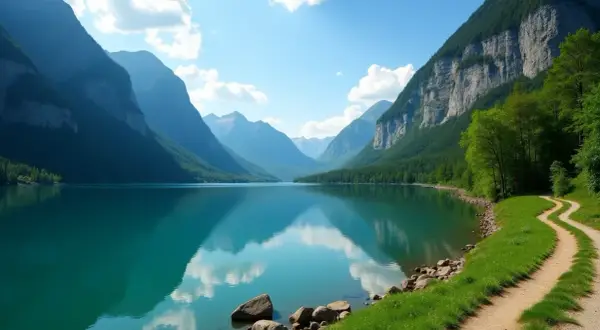 Le lac du Broc, paisible et turquoise, reflète les montagnes majestueuses et le ciel bleu. Un sentier serpente sur la rive verdoyante.
