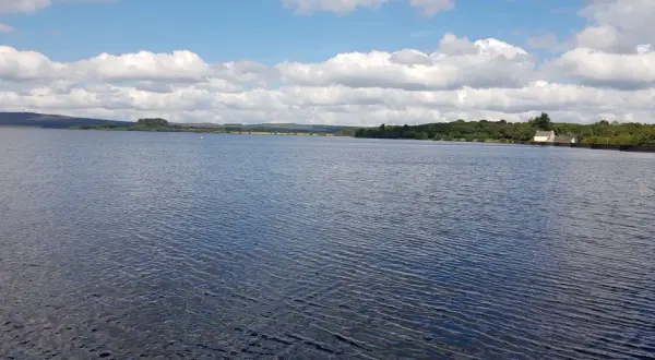 Vaste étendue d'eau calme sous un ciel bleu parsemé de nuages blancs. Le lac de Brennilis s'étend à perte de vue, bordé par une ligne d'arbres verdoyants et quelques constructions.