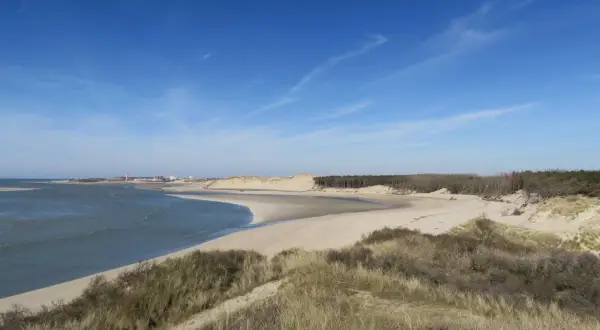 Vue panoramique de la baie d'Authie, avec ses dunes, sa plage de sable fin et sa forêt. Un bel itinéraire pour une promenade.