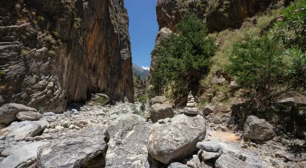 Sentier rocailleux dans les gorges de Franchard, entre falaises abruptes et végétation méditerranéenne. Un cairn marque le chemin.