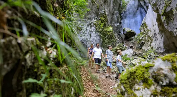 Une famille explore les **gorges des Tines**, un sentier étroit bordé de falaises rocheuses couvertes de mousse et de végétation luxuriante.