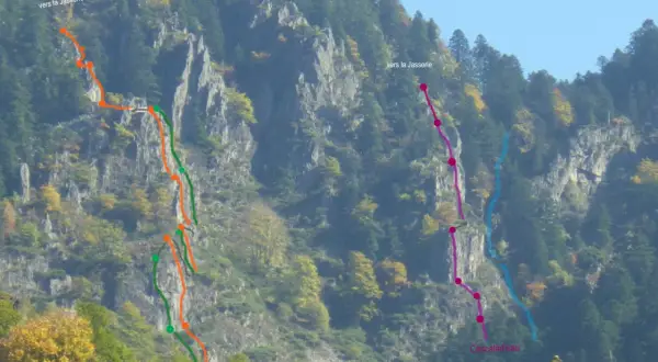 Voies d'escalade colorées sur une falaise rocheuse, dont "Le pilier du Gier", menant vers la Jasserie.