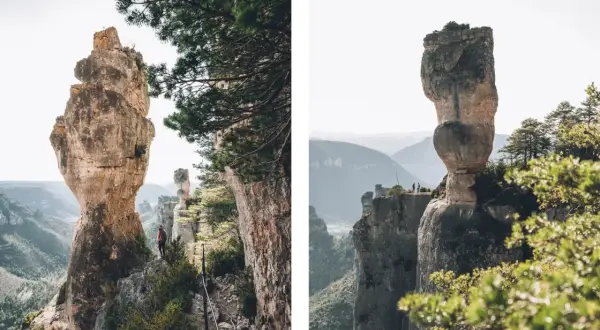 Randonnée dans les **gorges de la Jonte**, face à des pics rocheux impressionnants. Un sentier escarpé mène à des panoramas spectaculaires.