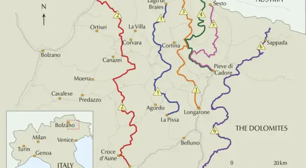 Carte des Alte Vie 1-6 dans les Dolomites, incluant l'Alta Via 2.