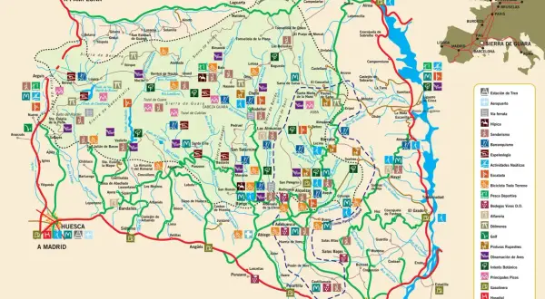 Carte de la Sierra de Guara : randonnées, barranquismo, via ferrata, musées et points d'intérêt.
